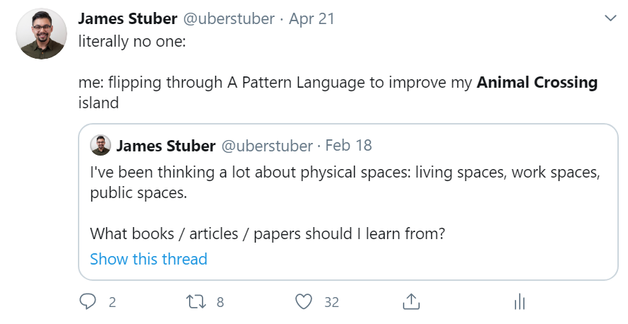 tweet from @uberstuber about Animal Crossing and A Pattern Language