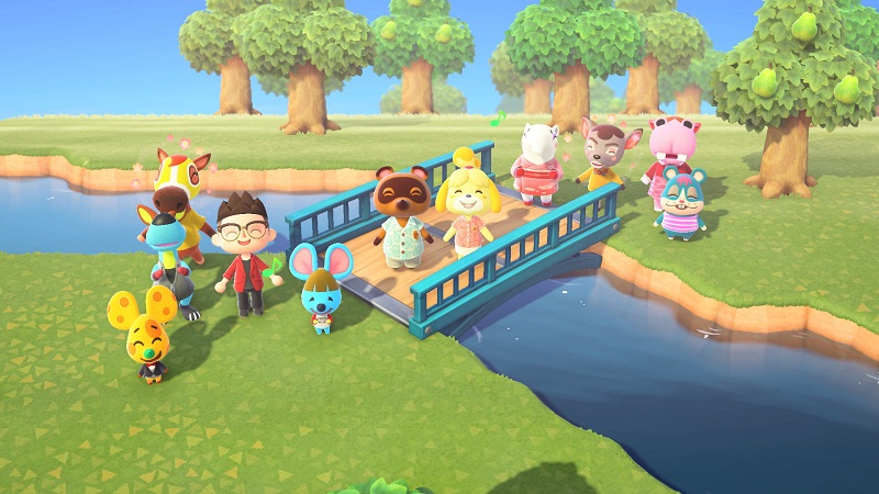 Animal Crossing characters crossing a bridge