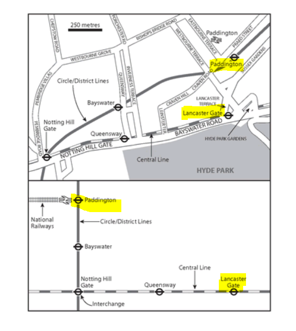 Map showing a short walking distance between two subway stations, and a longer 4 stop route if following the subway map